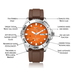 Ocean Explorer | Silver / Orange - Brown Rubber Strap