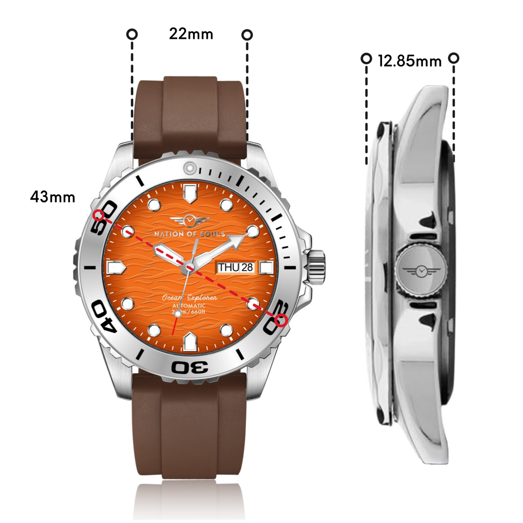 Ocean Explorer | Silver / Orange - Brown Rubber Strap