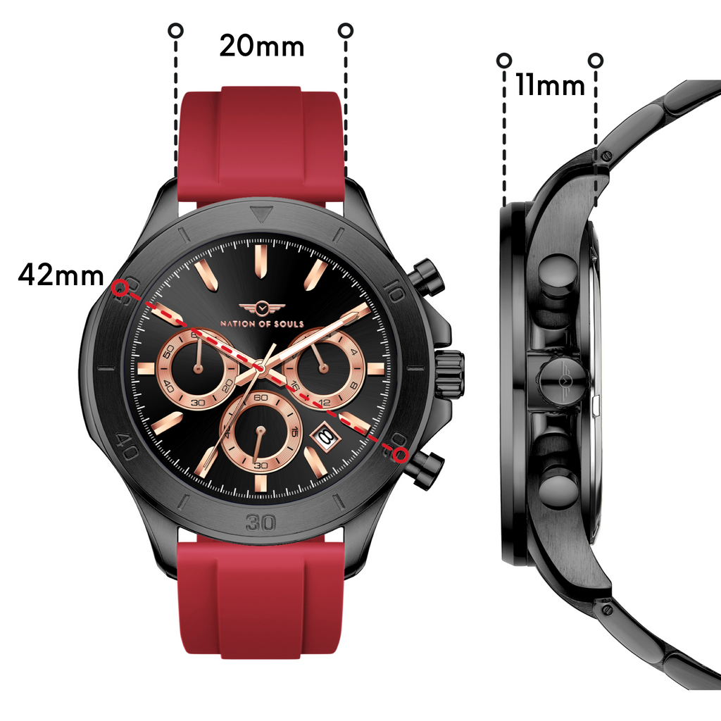 Chronograph One | Black/ Rose Gold - Red Rubber Strap