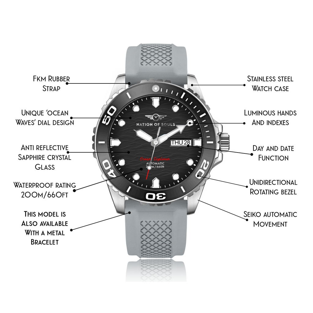 Ocean Explorer | Silver / Black - Grey Rubber Strap