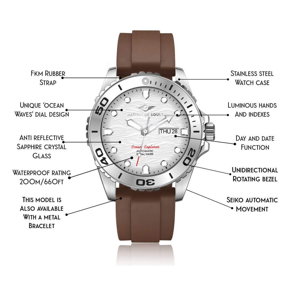 Ocean Explorer | Silver / White - Brown Rubber Strap