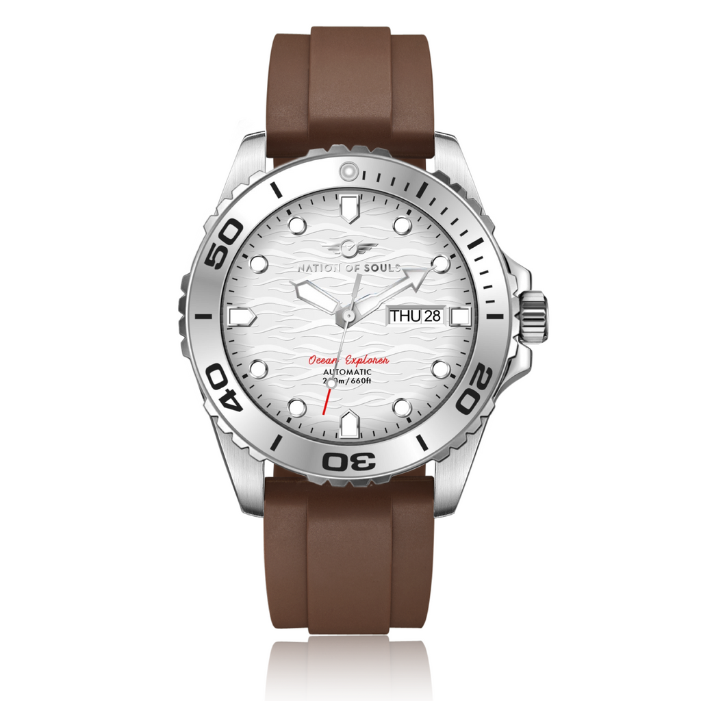 Ocean Explorer | Silver / White - Brown Rubber Strap