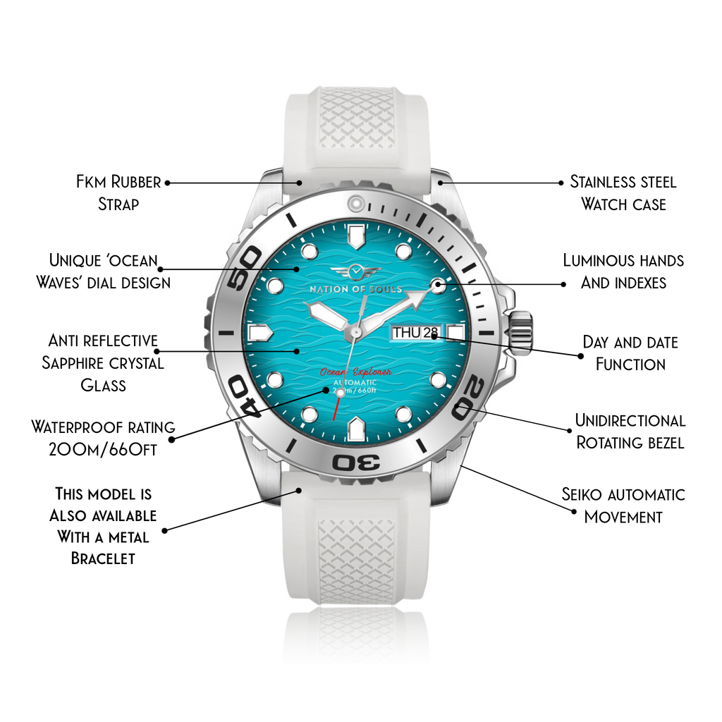 Ocean Explorer | Silver / Turquoise - White Rubber Strap