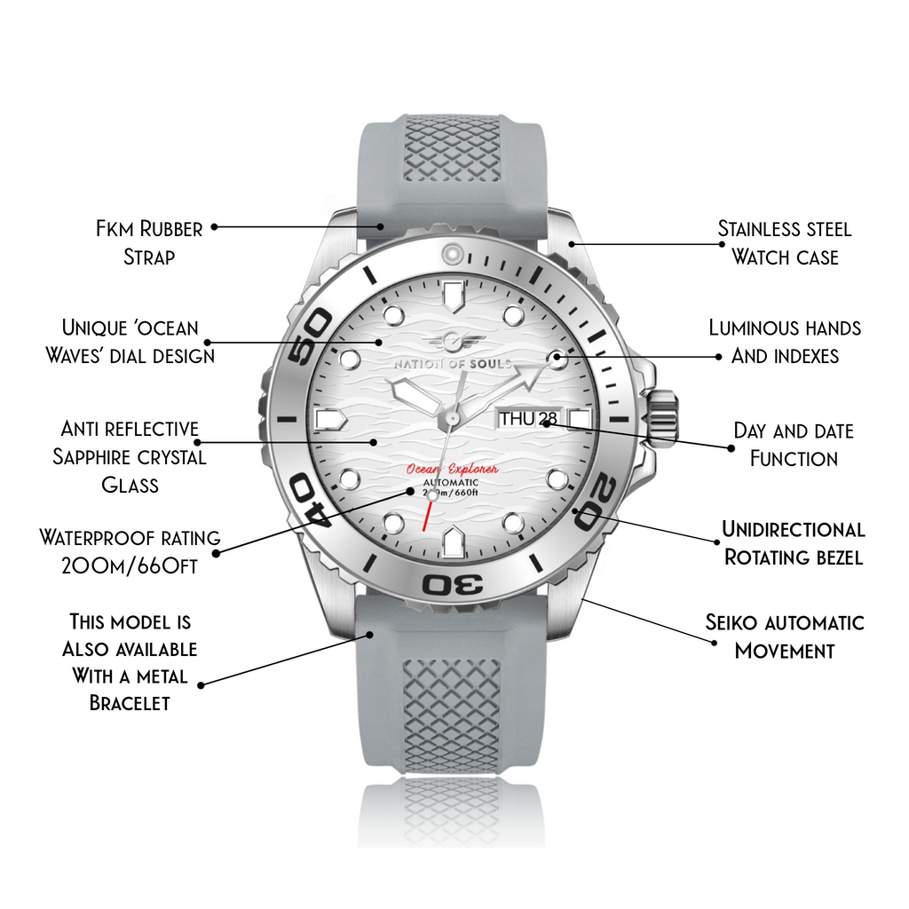 Ocean Explorer | Silver / White - Grey Rubber Strap