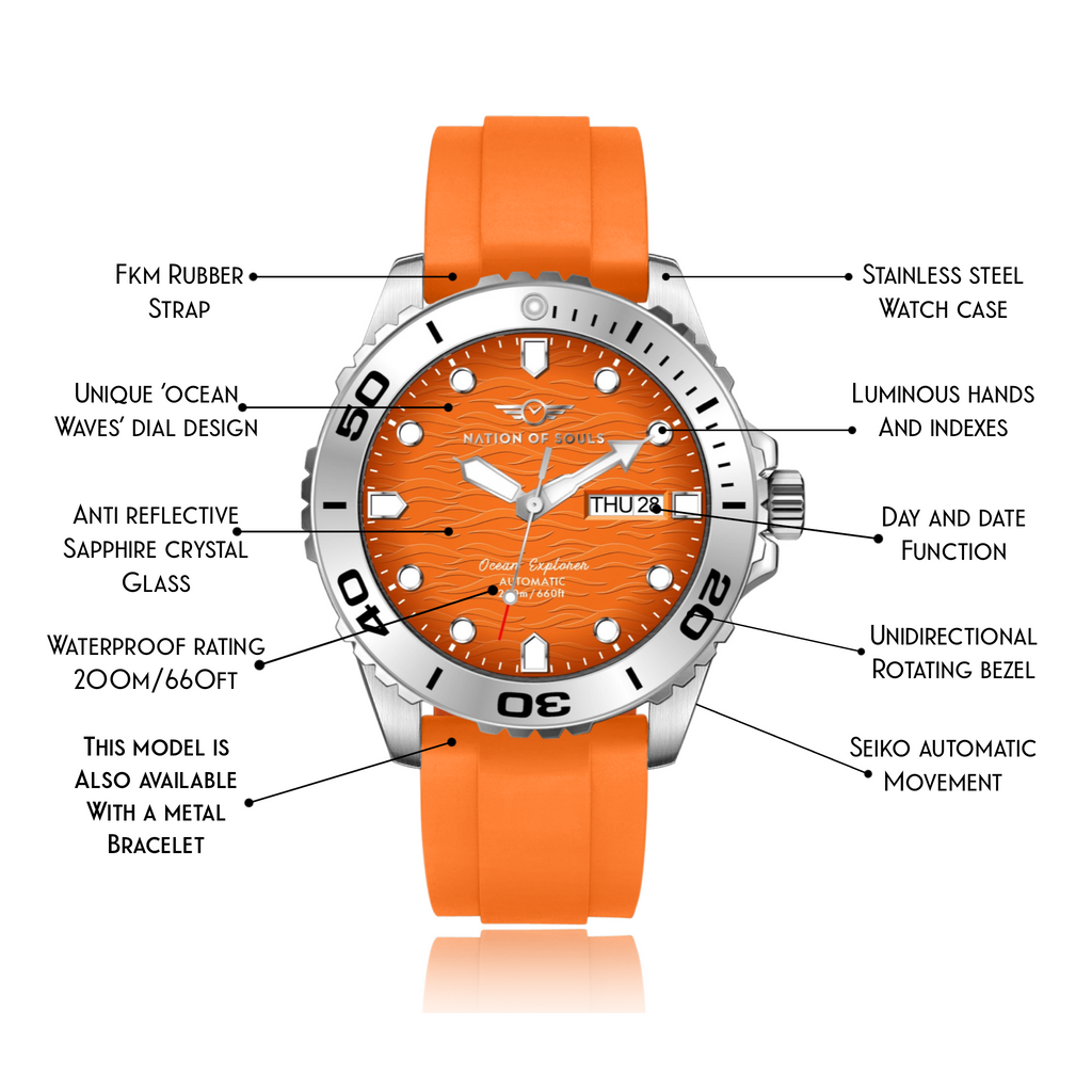 Ocean Explorer Silver Orange Orange Rubber Strap – Nation of