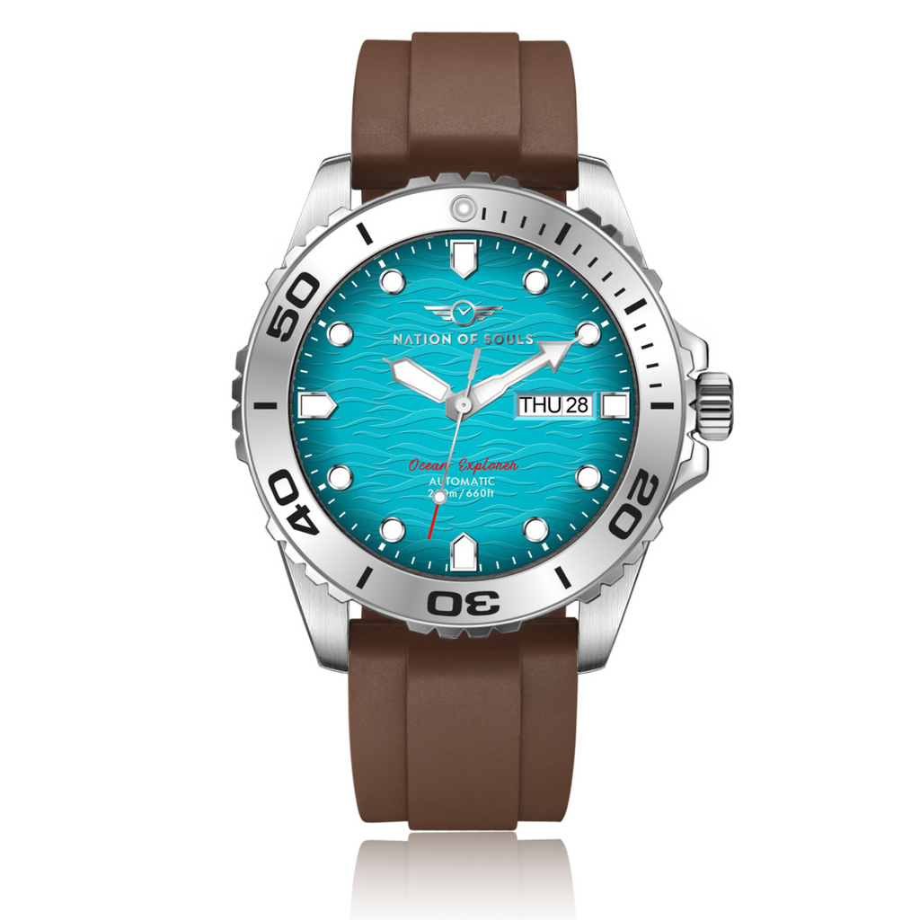 Ocean Explorer | Silver / Turquoise - Brown Rubber Strap