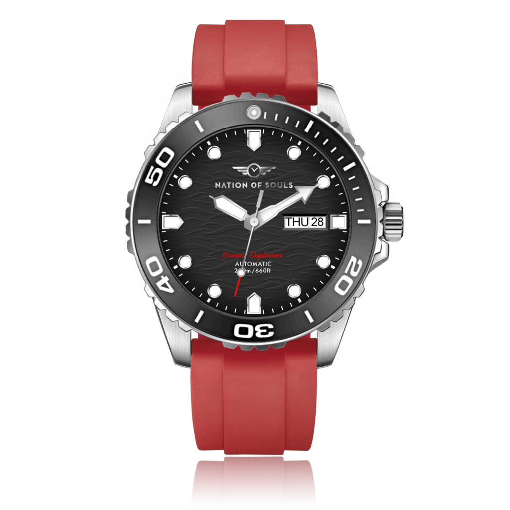 Ocean Explorer | Silver / Black - Red Rubber Strap