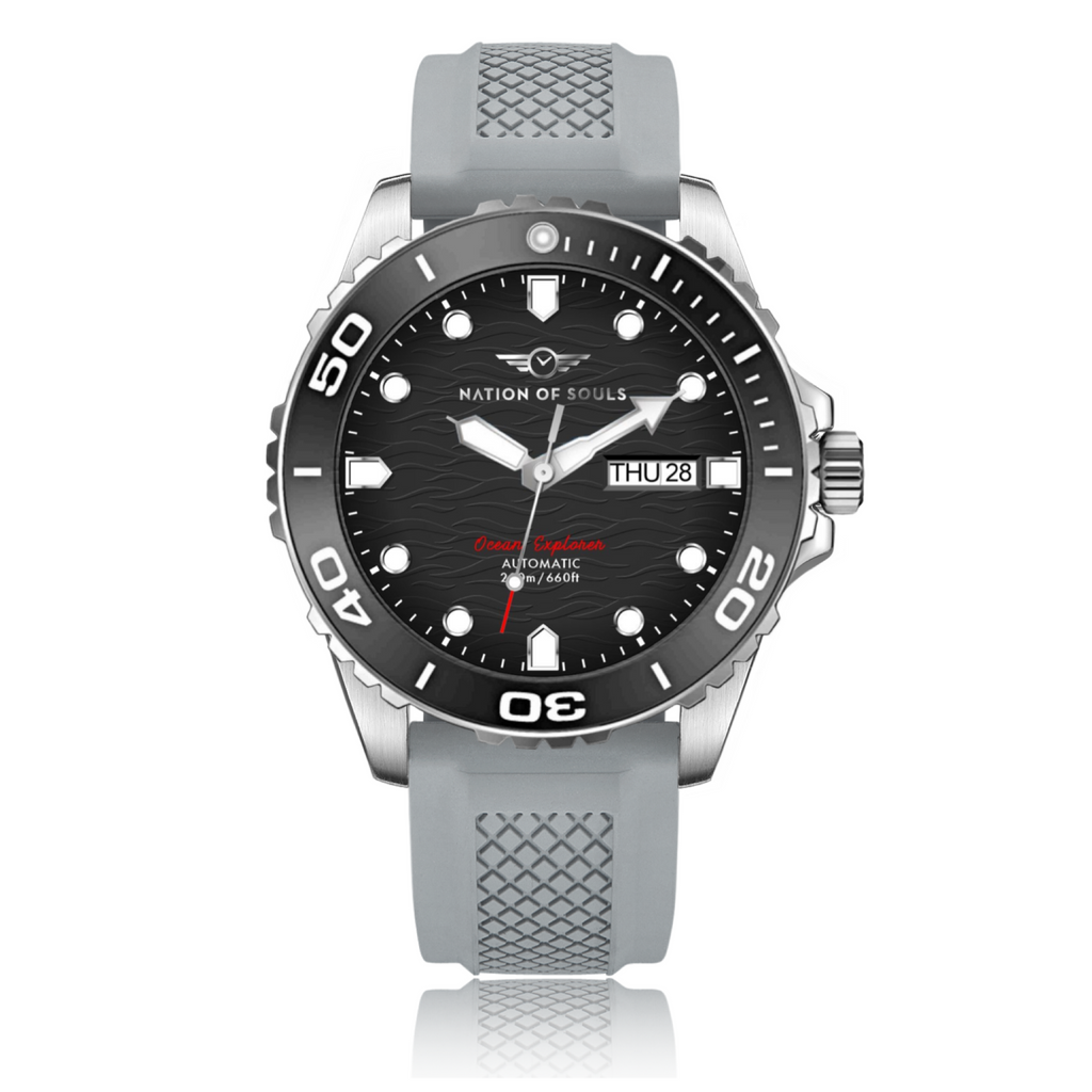 Ocean Explorer | Silver / Black - Grey Rubber Strap