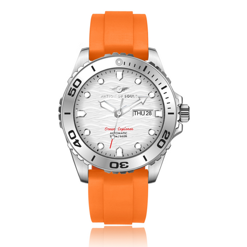 Ocean Explorer | Silver / White - Orange Rubber Strap