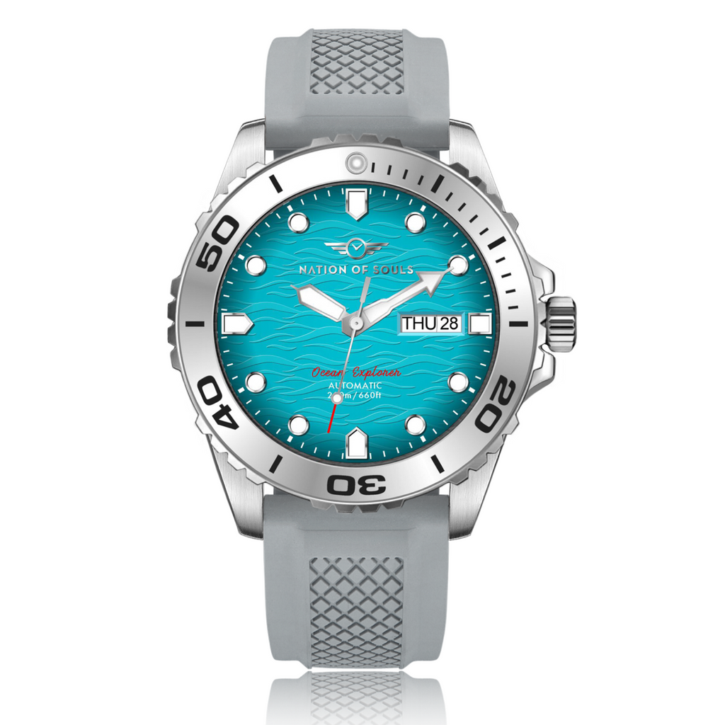Ocean Explorer | Silver / Turquoise - Grey Rubber Strap