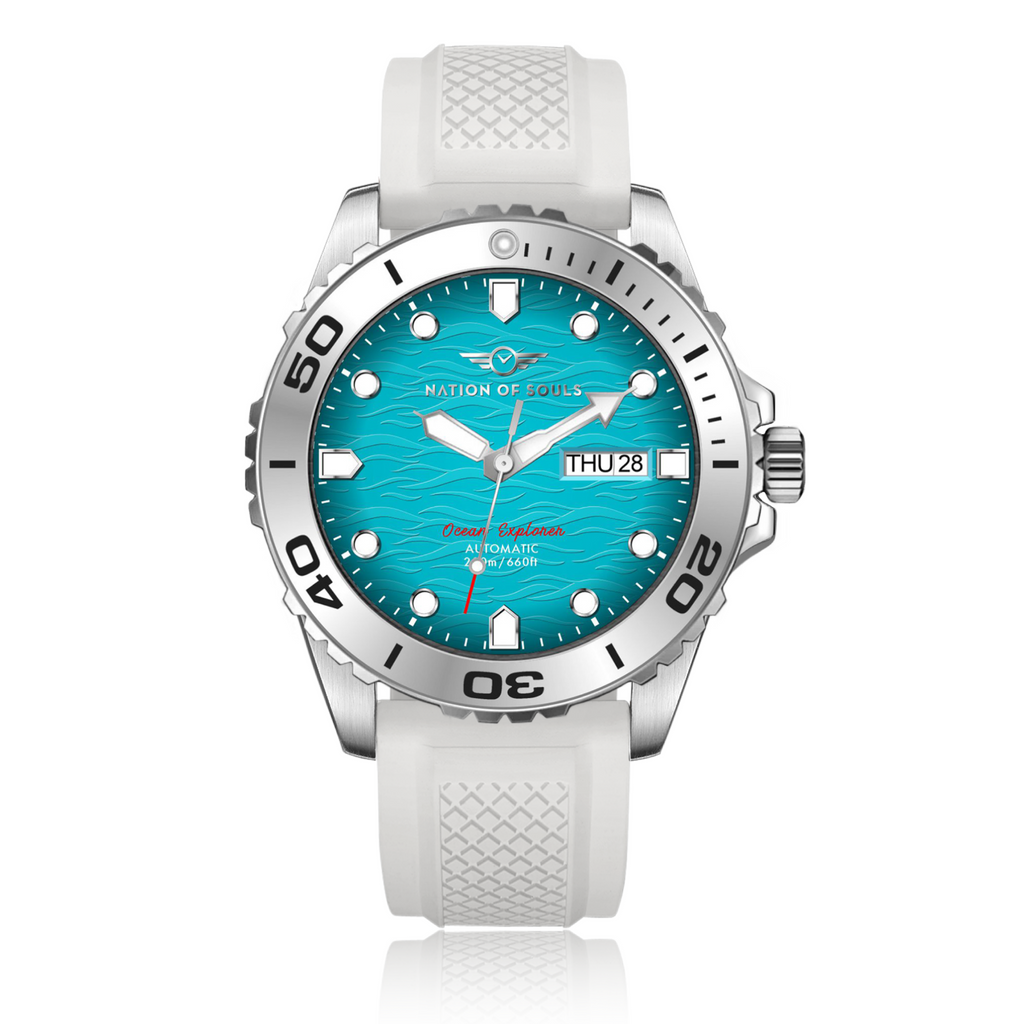 Ocean Explorer | Silver / Turquoise - White Rubber Strap