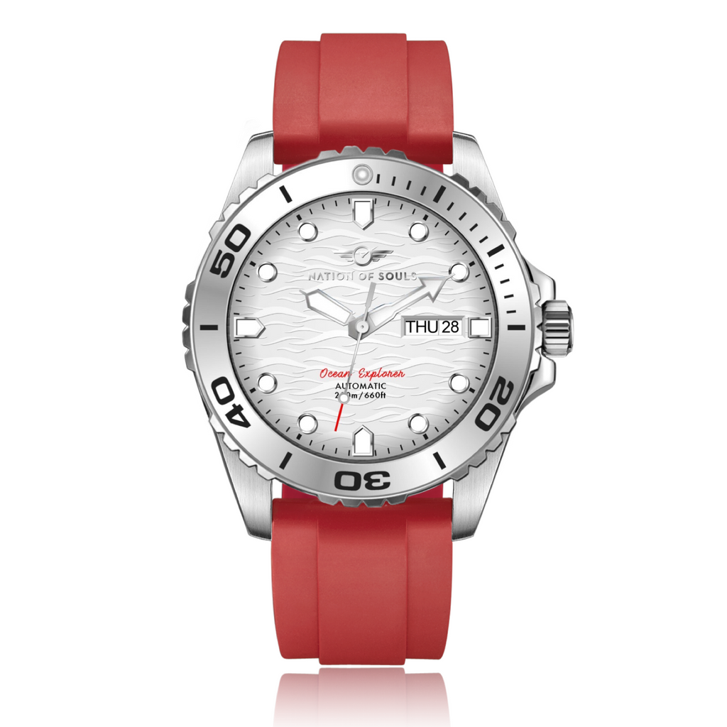 Ocean Explorer | Silver / White - Red Rubber Strap