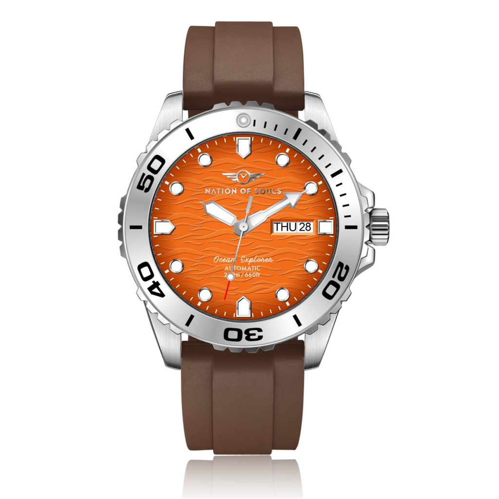 Ocean Explorer | Silver / Orange - Brown Rubber Strap