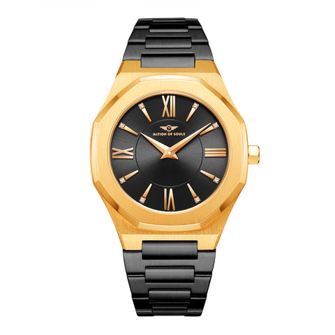 Ladies 34mm Gold Livia Watch With Black Bracelet and Black Dial