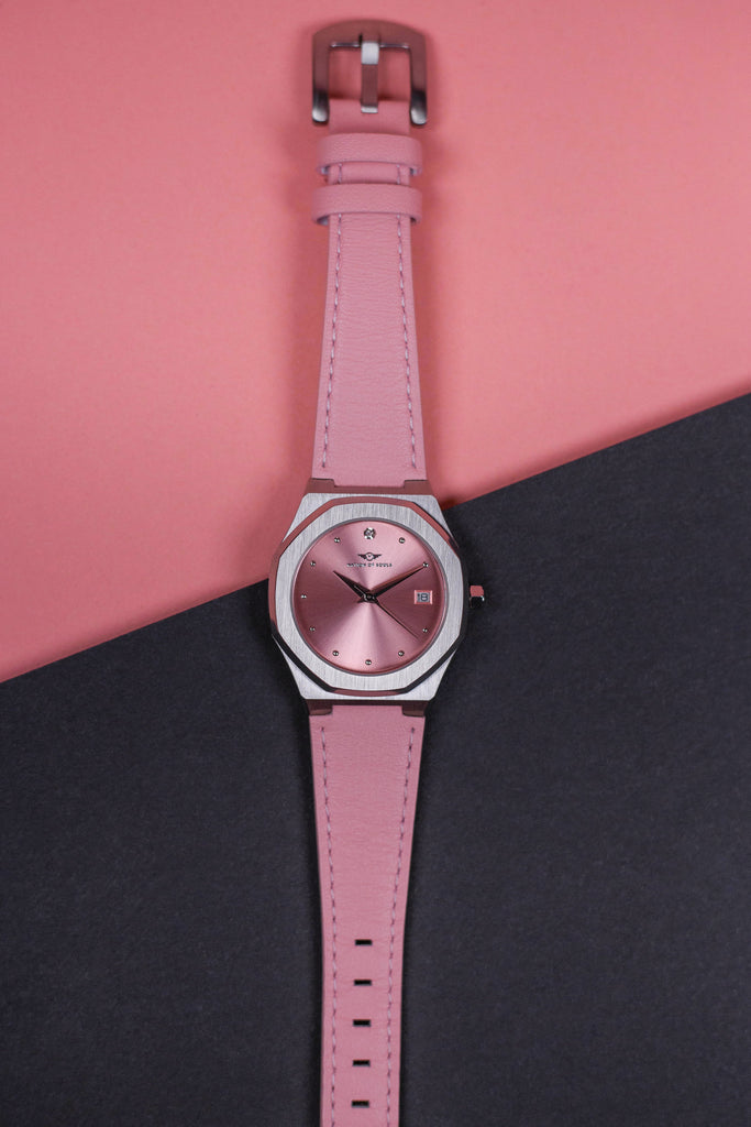 Womens 34mm Silver Stellar Watch With Pink Leather Strap & Pink Dial