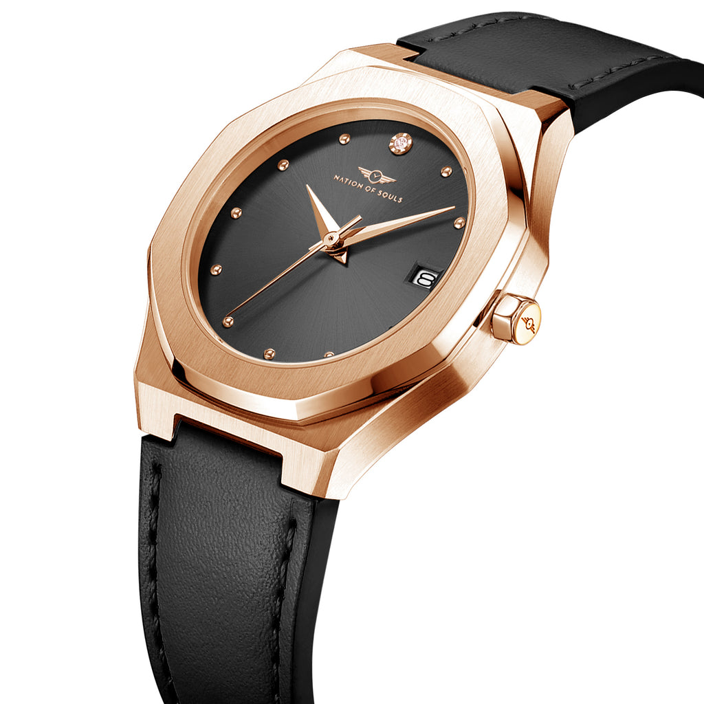 Womens 34mm Rose Gold Stellar Watch With Black Leather Strap & Black Dial