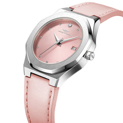 Womens 34mm Silver Stellar Watch With Pink Leather Strap & Pink Dial