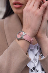 Womens 34mm Silver Stellar Watch With Pink Leather Strap & Pink Dial
