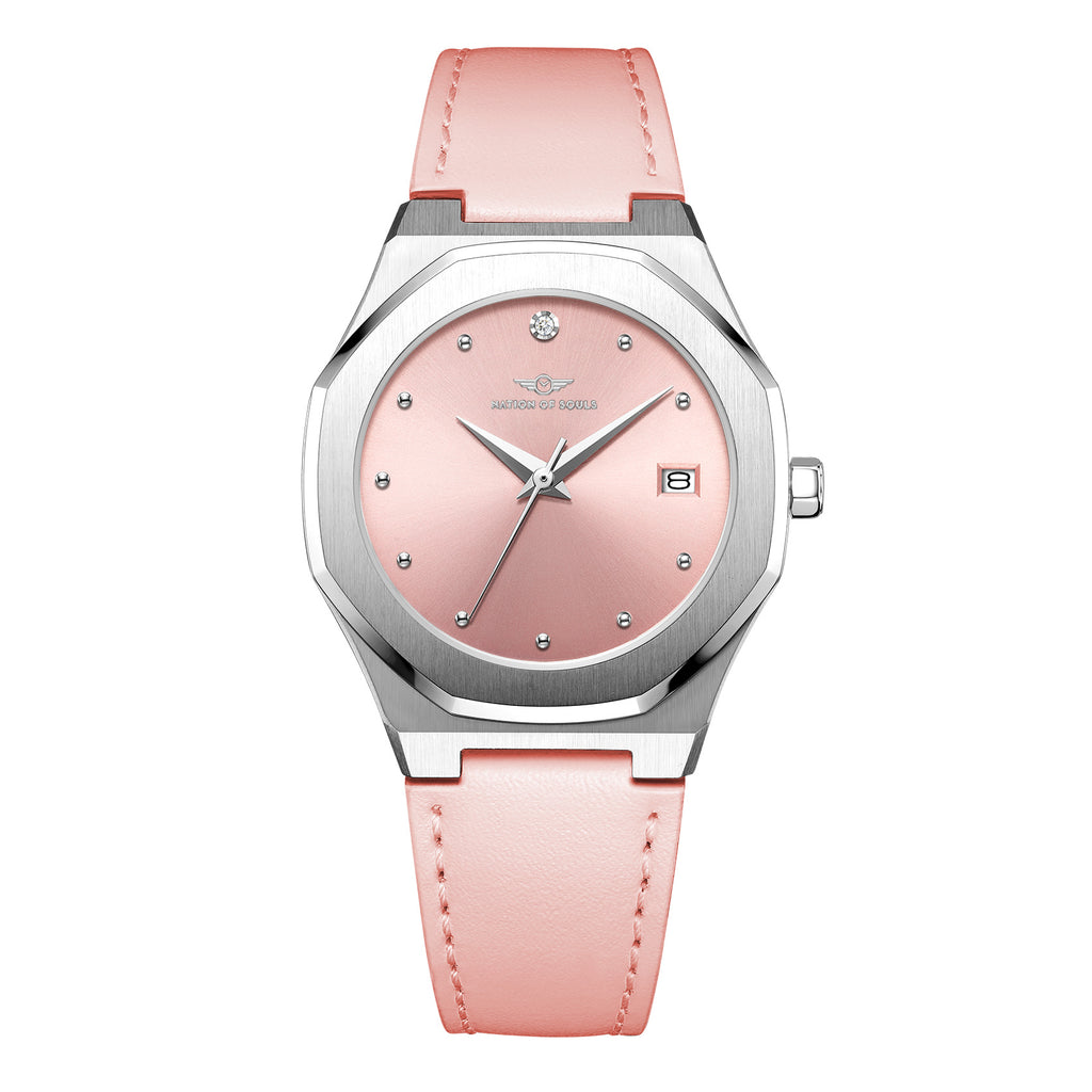 Womens 34mm Silver Stellar Watch With Pink Leather Strap & Pink Dial