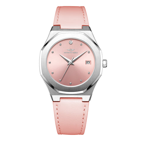 Ladies 34mm Silver Stellar Watch With Pink Leather Strap & Pink Dial