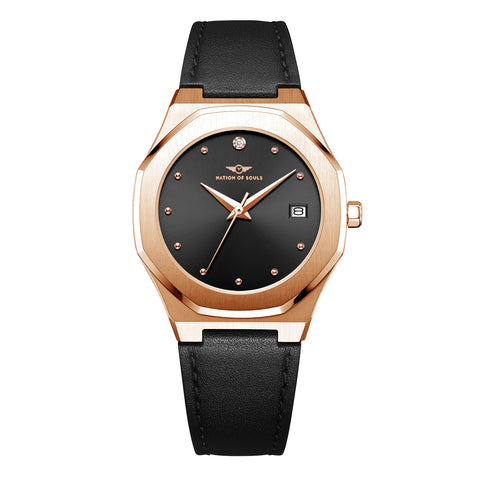 Ladies 34mm Rose Gold Stellar Watch With Black Leather Strap & Black Dial